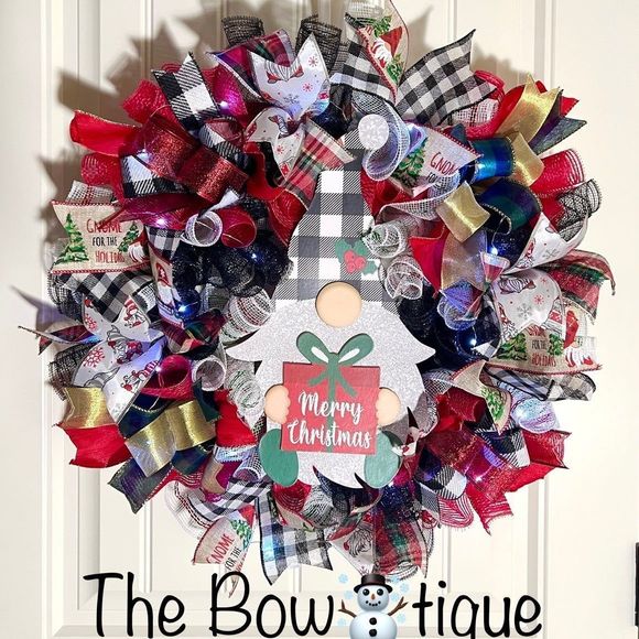 Handmade Merry Christmas Gnome Holiday Ribbon Door Wreath 22 ins W44 - Picture 1 of 12